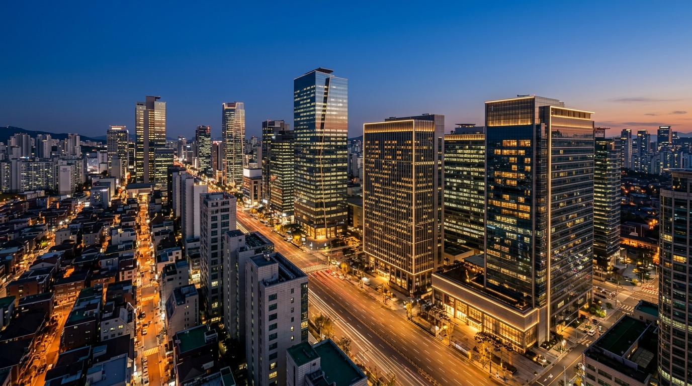 강남 야경 스카이라인 부감 핵심 권역 입지 역삼 논현 격조 거리 따뜻한 골든 조명 디테일