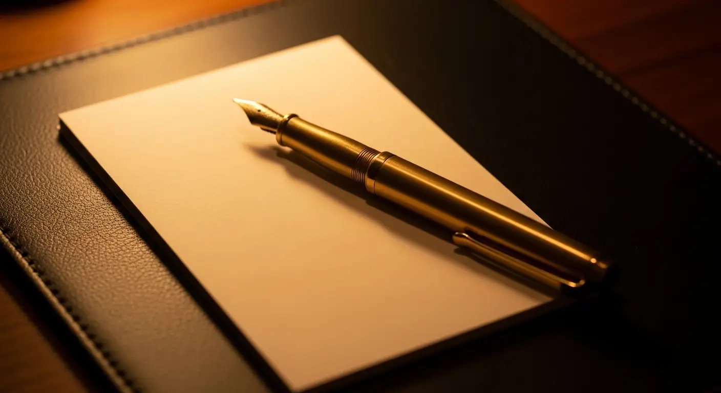고급 메모 카드 만년필 가죽 책상 차분한 정돈된 분위기 사전 요청 준비 노트 맞춤 자리 안내