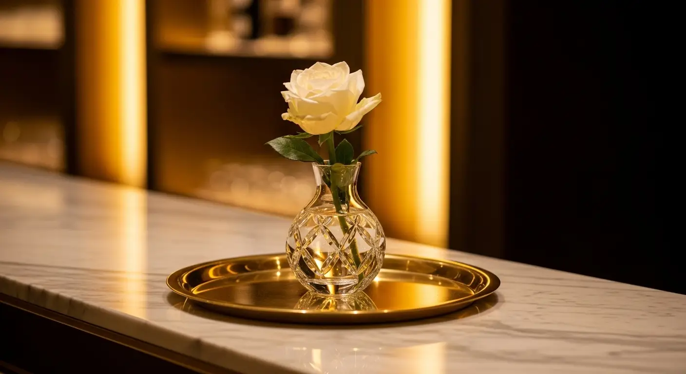 황동 트레이 위 흰 장미 단일 송이 강남가라오케 매니저 풀 친절 교육 안정감 상징