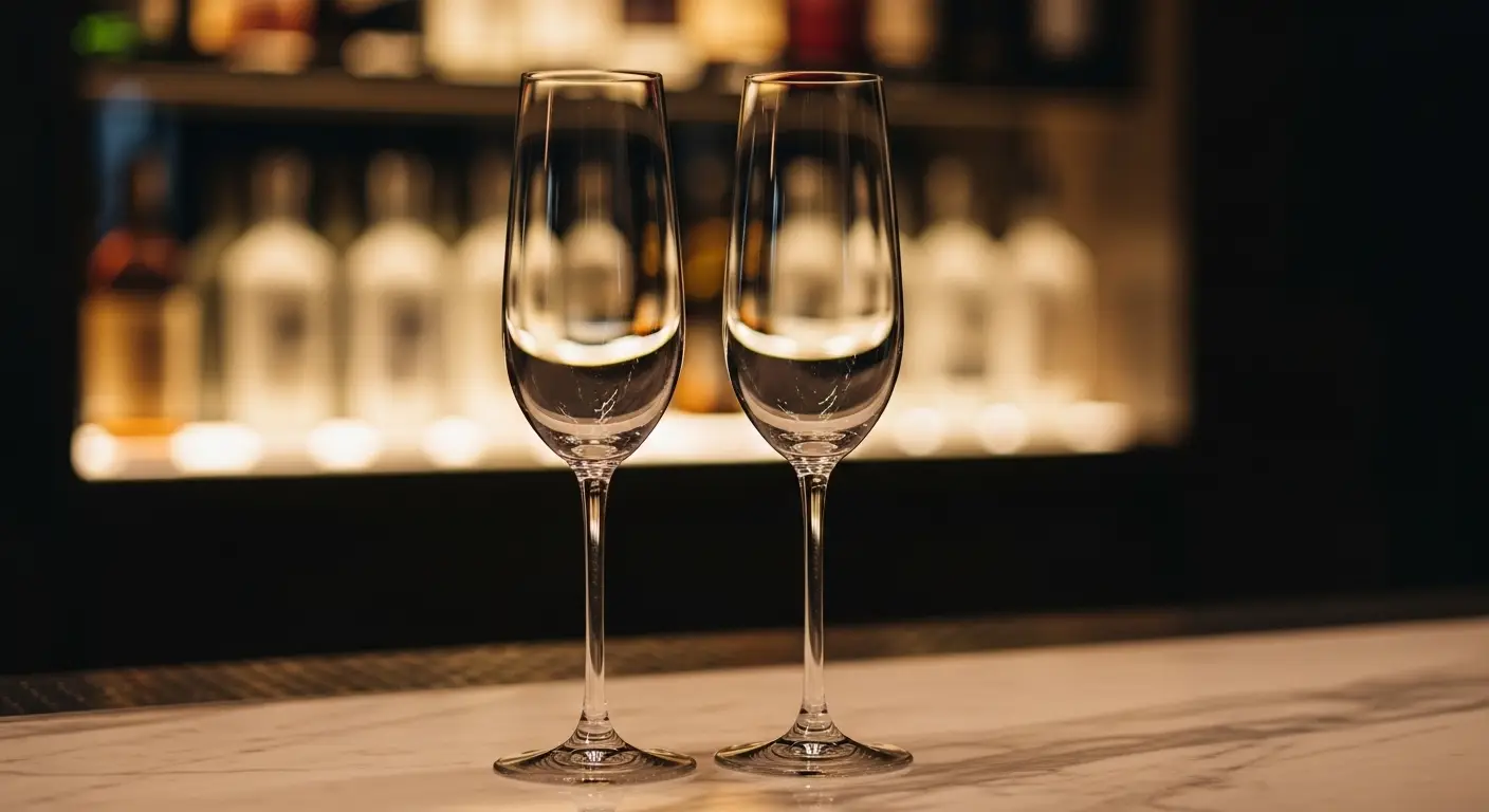 빈 샴페인 잔 두 개 나란히 놓인 세팅 강남가라오케 지인 모임 회식 트렌디 라인