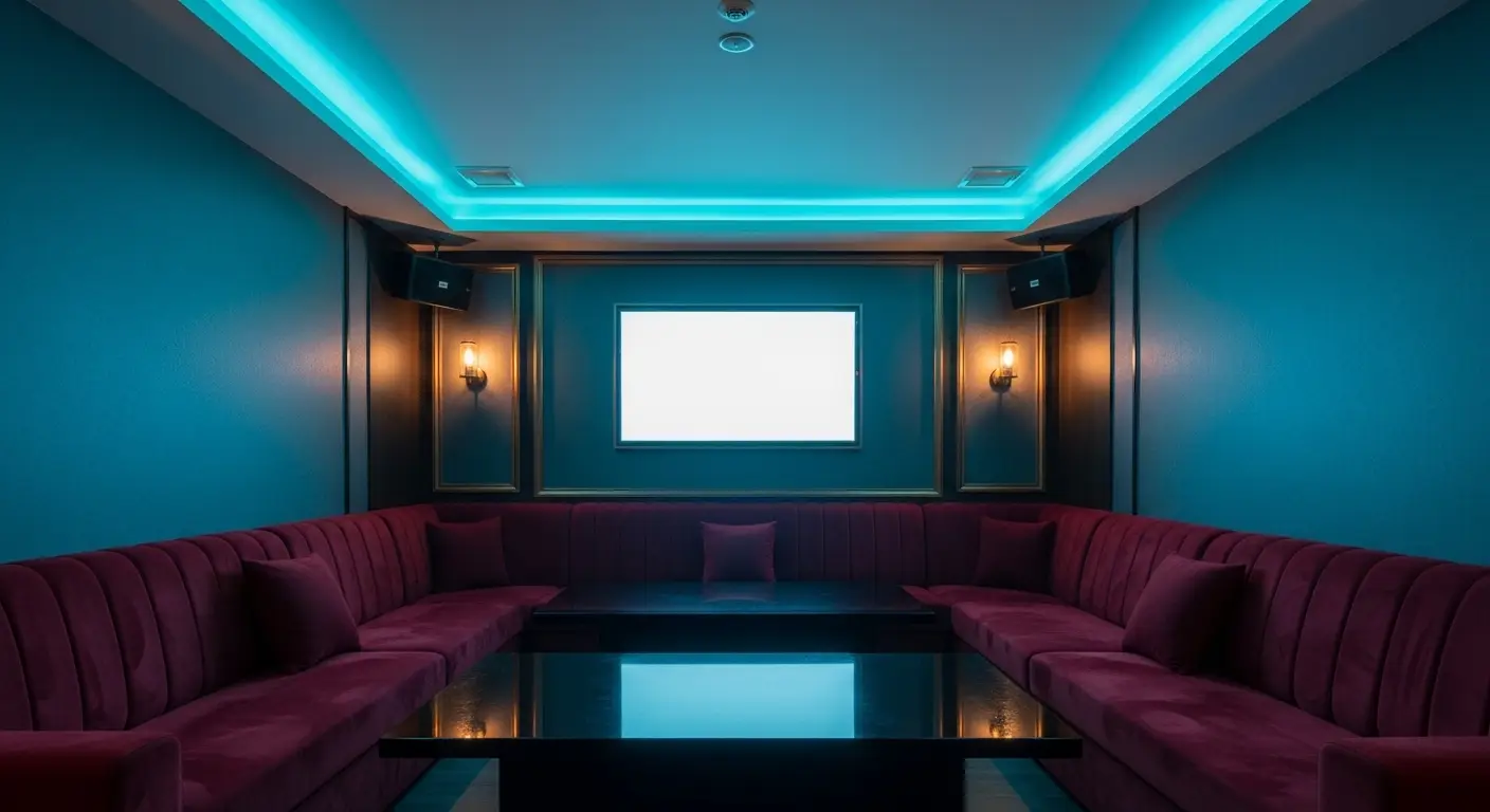 강남가라오케 정통 라인 프라이빗 룸 와이드샷 딥 시안 LED 조명 세련 분위기