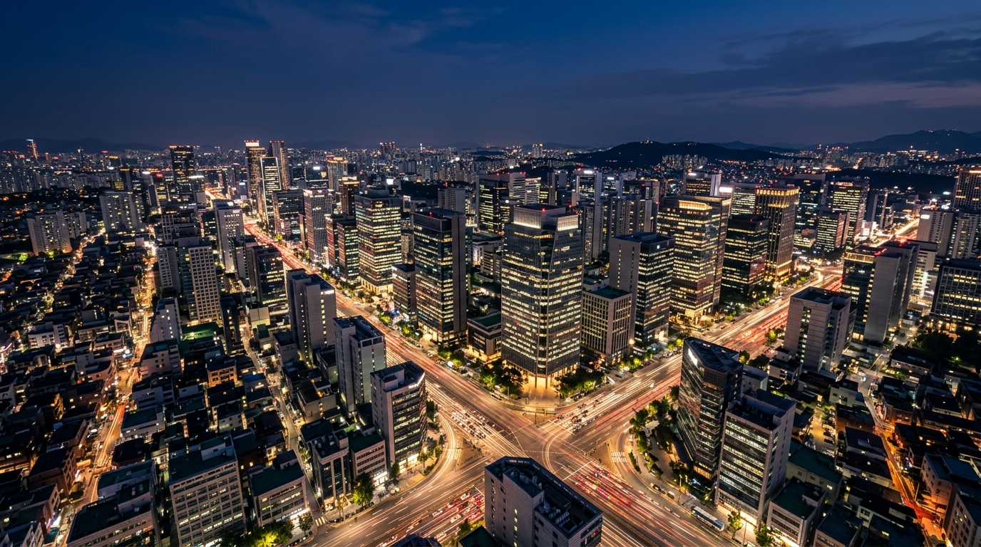 강남 야경 스카이라인 부감 핵심 권역 입지 역삼 논현 거리 따뜻한 골든 조명 디테일
