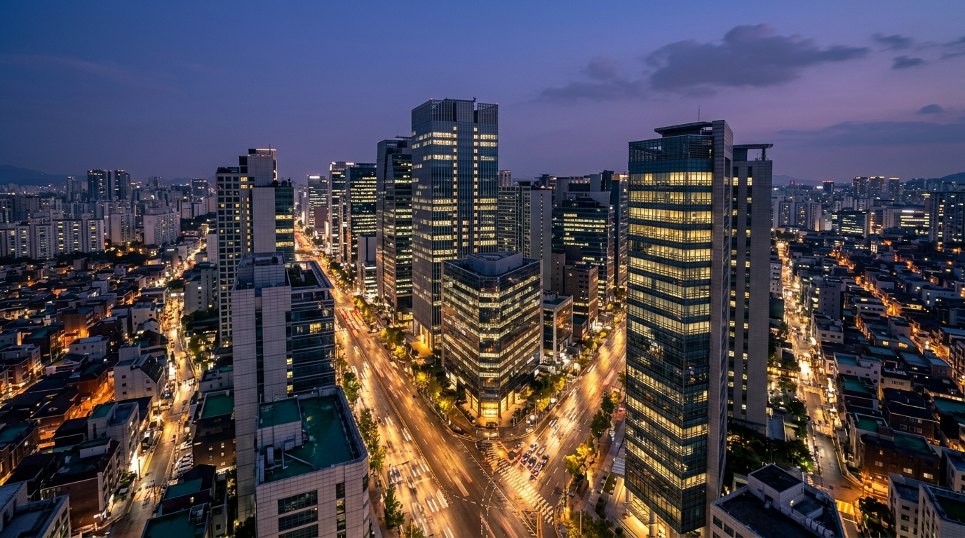 강남 야경 스카이라인 부감 핵심 권역 입지 역삼 논현 직장인 거리 따뜻한 골든 조명 디테일