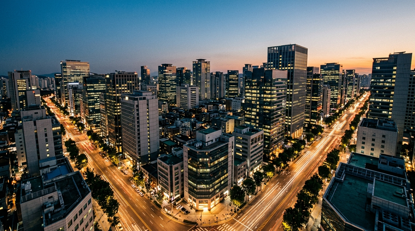 강남 야경 스카이라인 부감 핵심 권역 입지 역삼 논현 호텔 인접 따뜻한 골든 조명 디테일